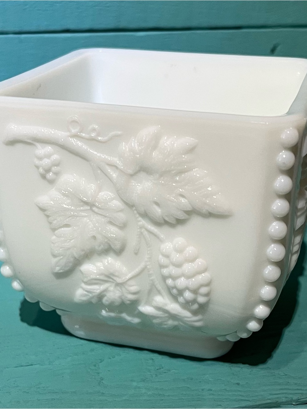 White Milk Glass Planter with Grape Relief and Beaded Edge